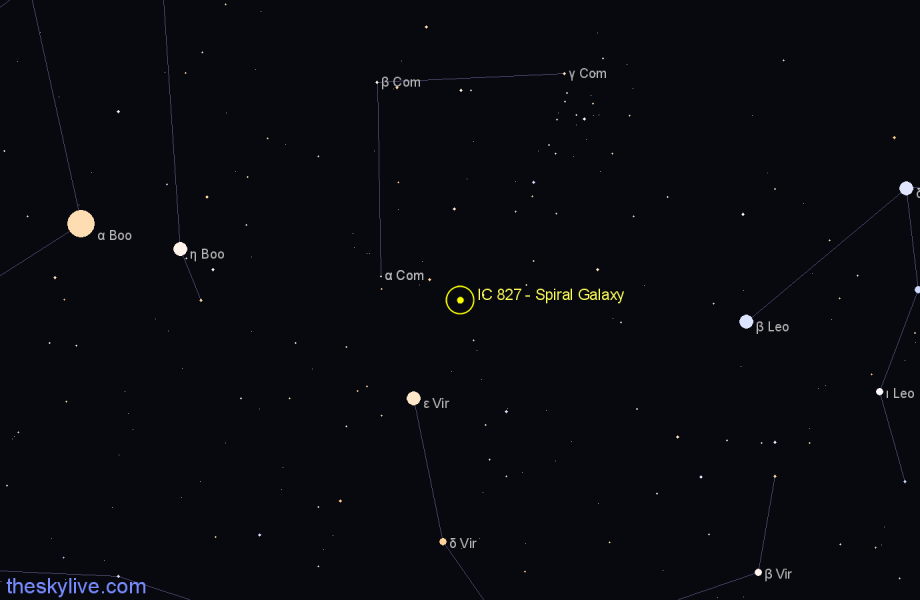 Finder chart IC 827 - Spiral Galaxy in Coma Berenices star