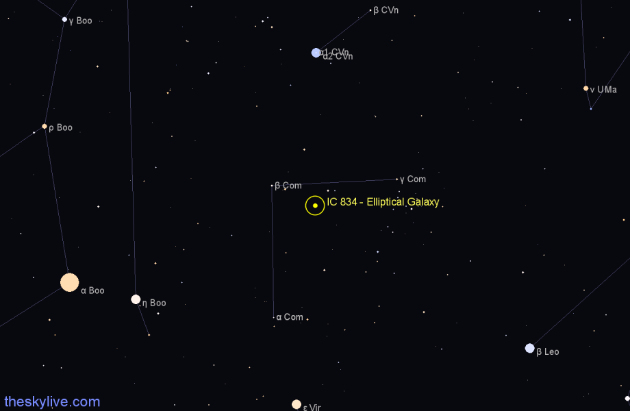 Finder chart IC 834 - Elliptical Galaxy in Coma Berenices star