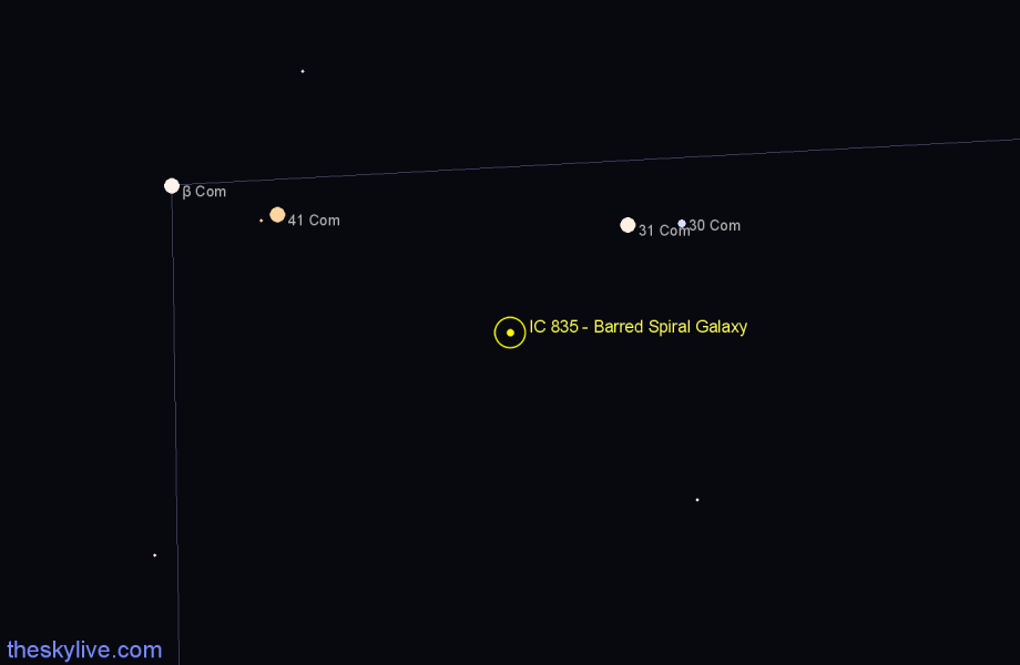 Finder chart IC 835 - Barred Spiral Galaxy in Coma Berenices star