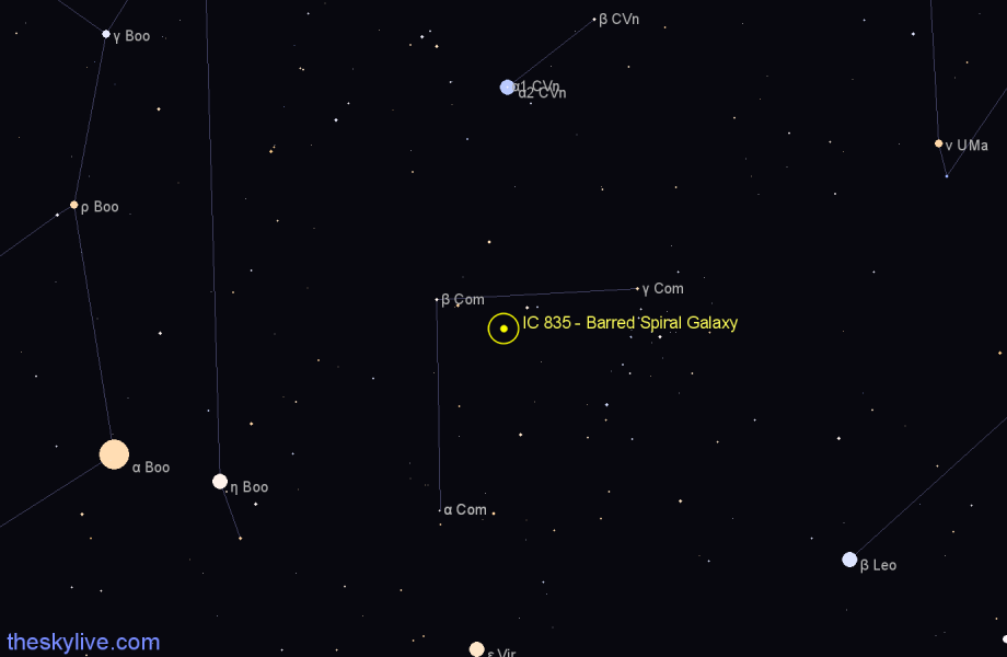 Finder chart IC 835 - Barred Spiral Galaxy in Coma Berenices star