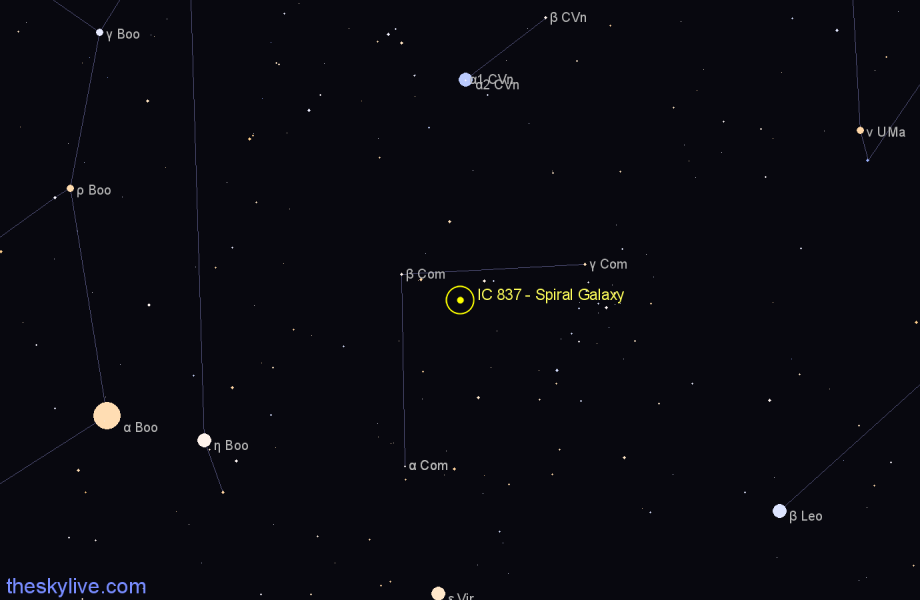 Finder chart IC 837 - Spiral Galaxy in Coma Berenices star