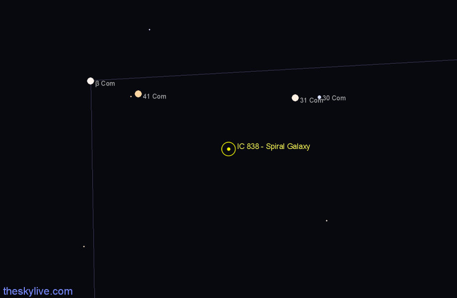 Finder chart IC 838 - Spiral Galaxy in Coma Berenices star