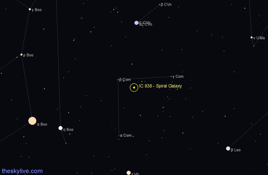 Finder chart IC 838 - Spiral Galaxy in Coma Berenices star