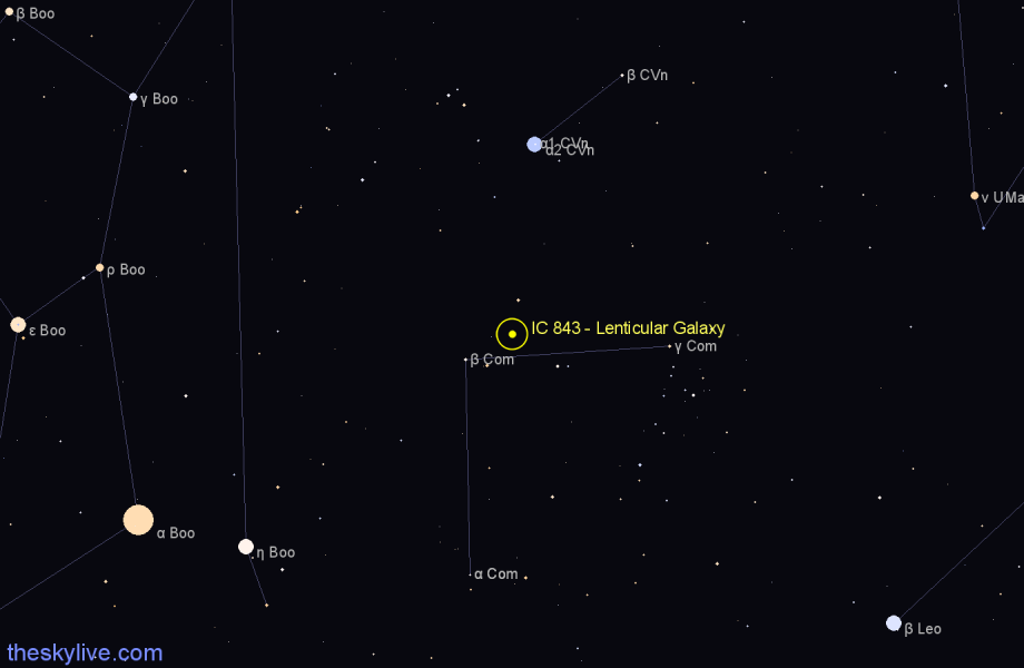 Finder chart IC 843 - Lenticular Galaxy in Coma Berenices star