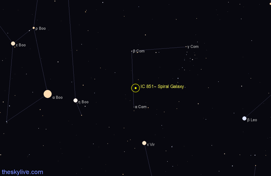 Finder chart IC 851 - Spiral Galaxy in Coma Berenices star