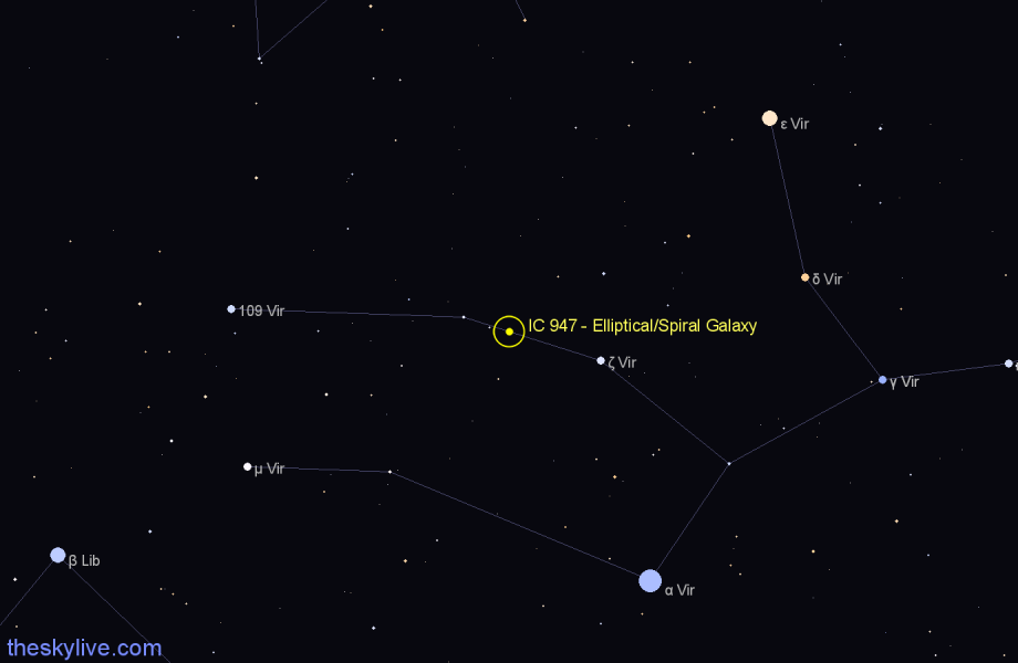 Finder chart IC 947 - Elliptical/Spiral Galaxy in Virgo star