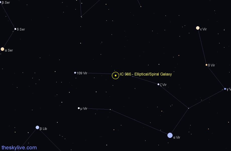Finder chart IC 986 - Elliptical/Spiral Galaxy in Virgo star
