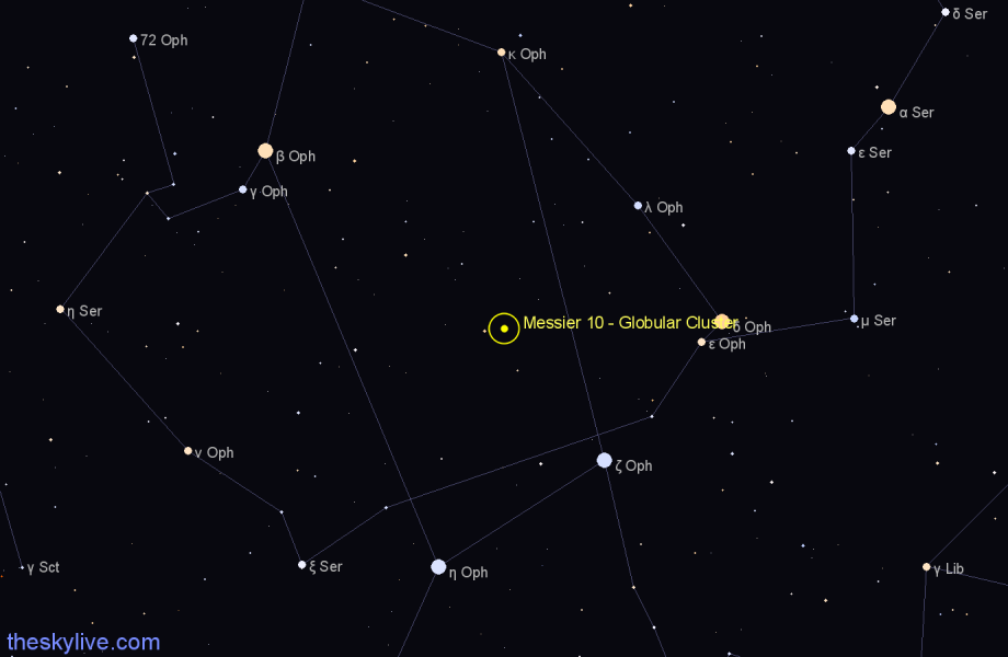 Finder chart Messier 10 - Globular Cluster in Ophiuchus star