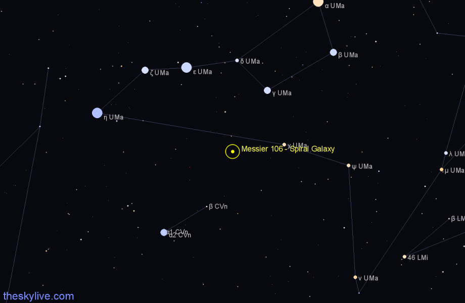 Finder chart Messier 106 - Spiral Galaxy in Canes Venatici star