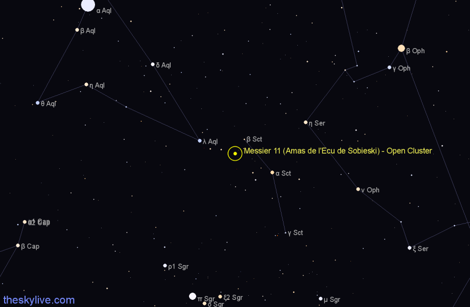 Finder chart Messier 11 (Amas de l'Ecu de Sobieski) - Open Cluster in Scutum star