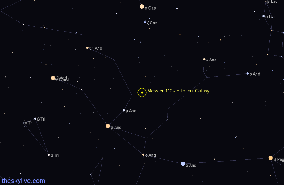 Finder chart Messier 110 - Elliptical Galaxy in Andromeda star
