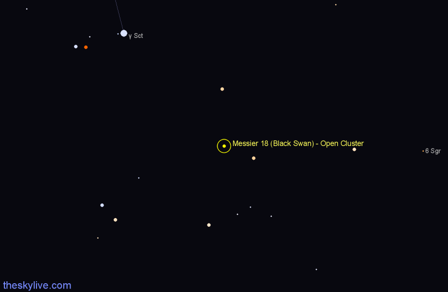 Finder chart Messier 18 (Black Swan) - Open Cluster in Sagittarius star