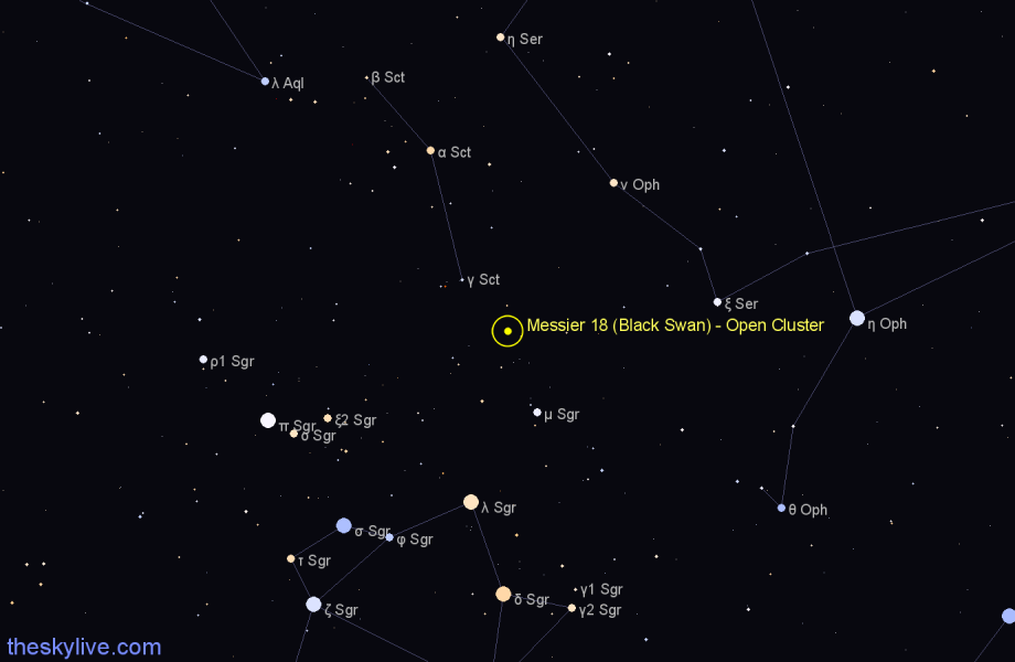 Finder chart Messier 18 (Black Swan) - Open Cluster in Sagittarius star