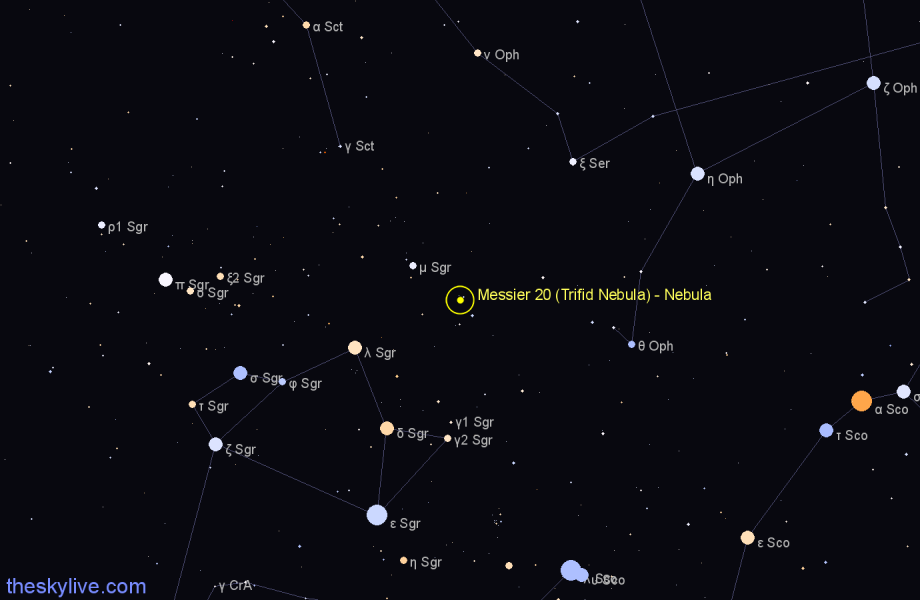 Finder chart Messier 20 (Trifid Nebula) - Nebula in Sagittarius star