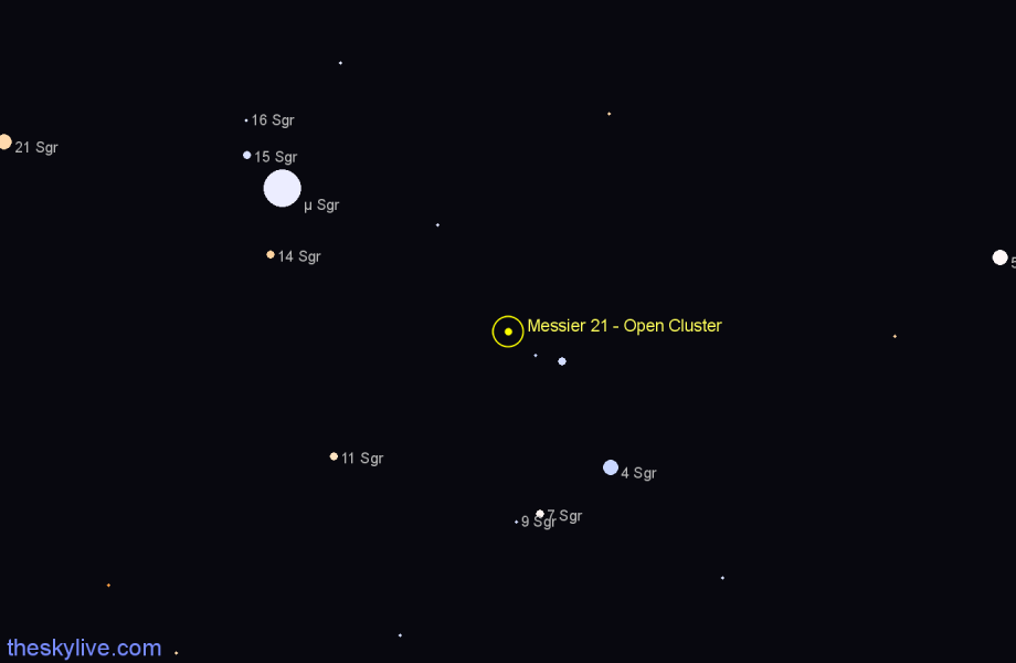 Finder chart Messier 21 - Open Cluster in Sagittarius star