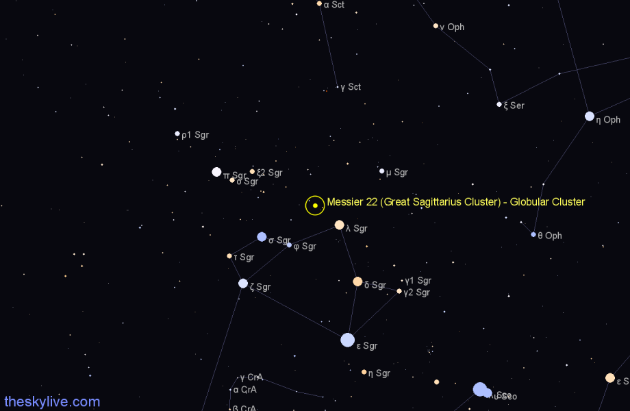 Finder chart Messier 22 (Great Sagittarius Cluster) - Globular Cluster in Sagittarius star