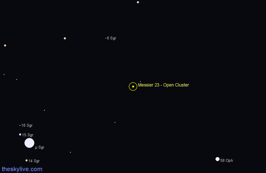 Finder chart Messier 23 - Open Cluster in Sagittarius star