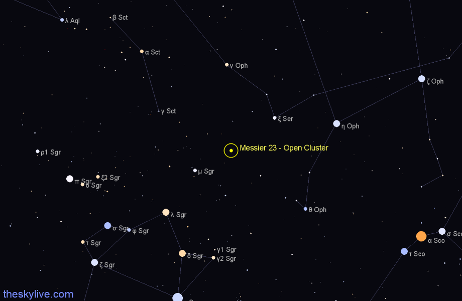 Finder chart Messier 23 - Open Cluster in Sagittarius star