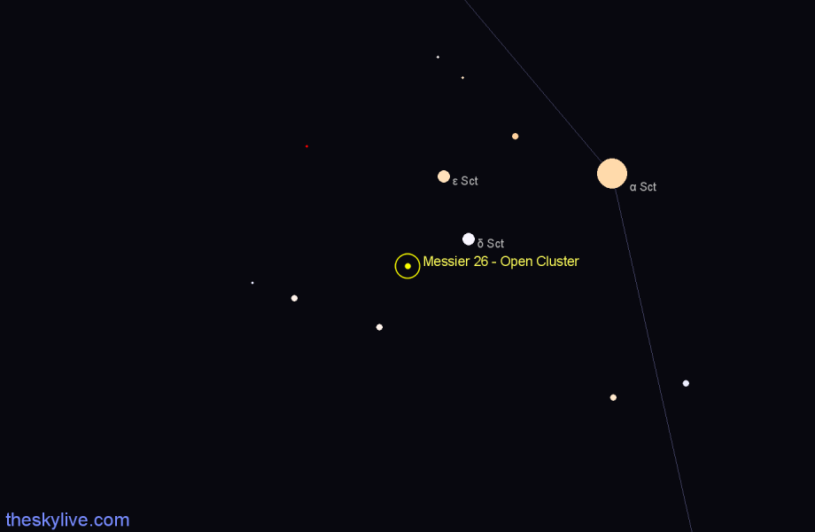 Finder chart Messier 26 - Open Cluster in Scutum star