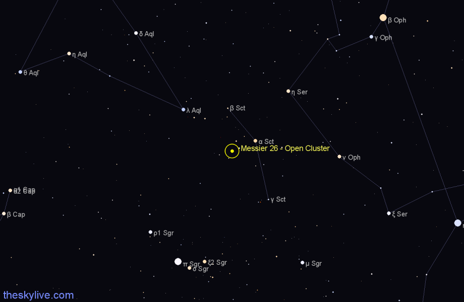 Finder chart Messier 26 - Open Cluster in Scutum star