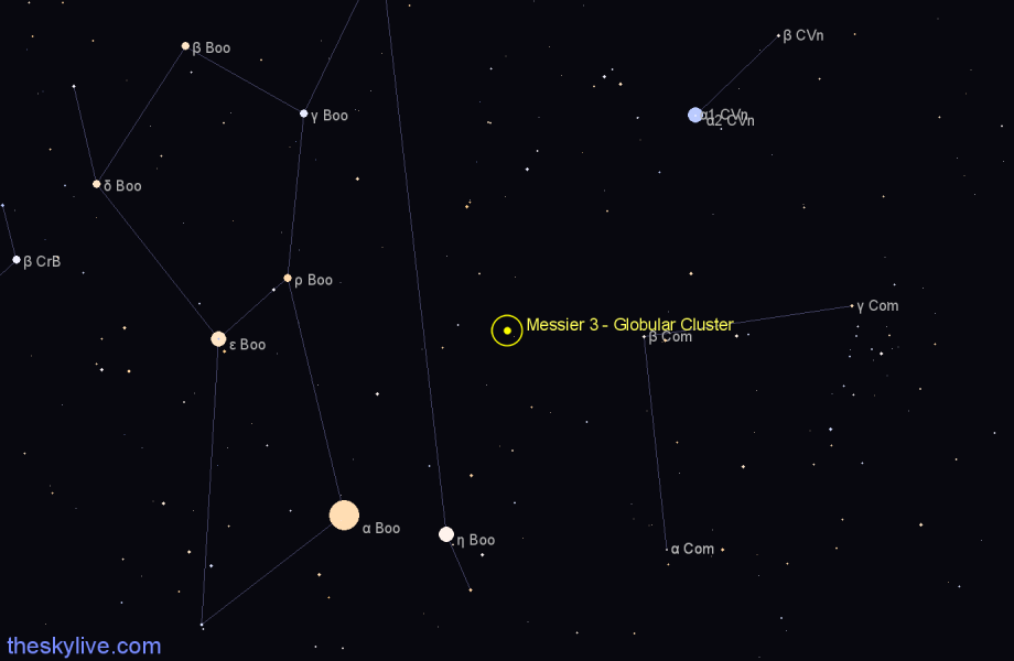 Finder chart Messier 3 - Globular Cluster in Canes Venatici star