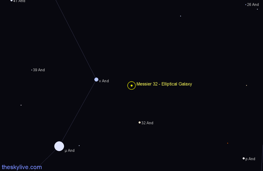 Finder chart Messier 32 - Elliptical Galaxy in Andromeda star