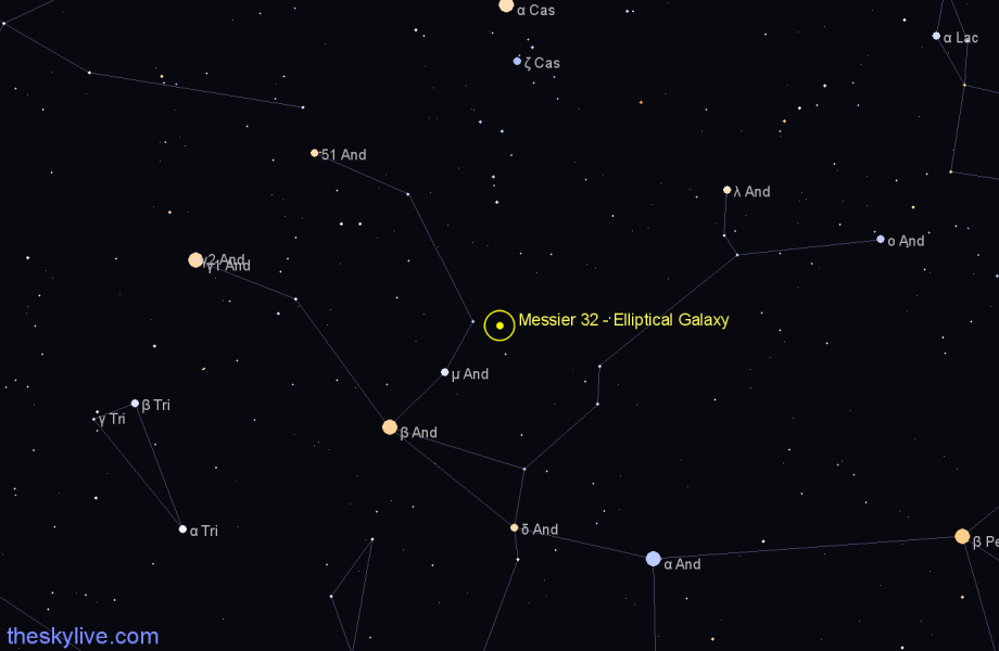Finder chart Messier 32 - Elliptical Galaxy in Andromeda star