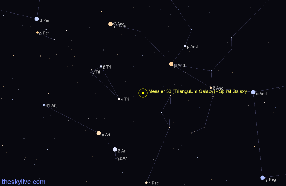 Finder chart Messier 33 (Triangulum Galaxy) - Spiral Galaxy in Triangulum star