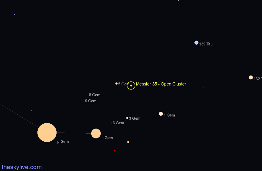 Finder chart Messier 35 - Open Cluster in Gemini star