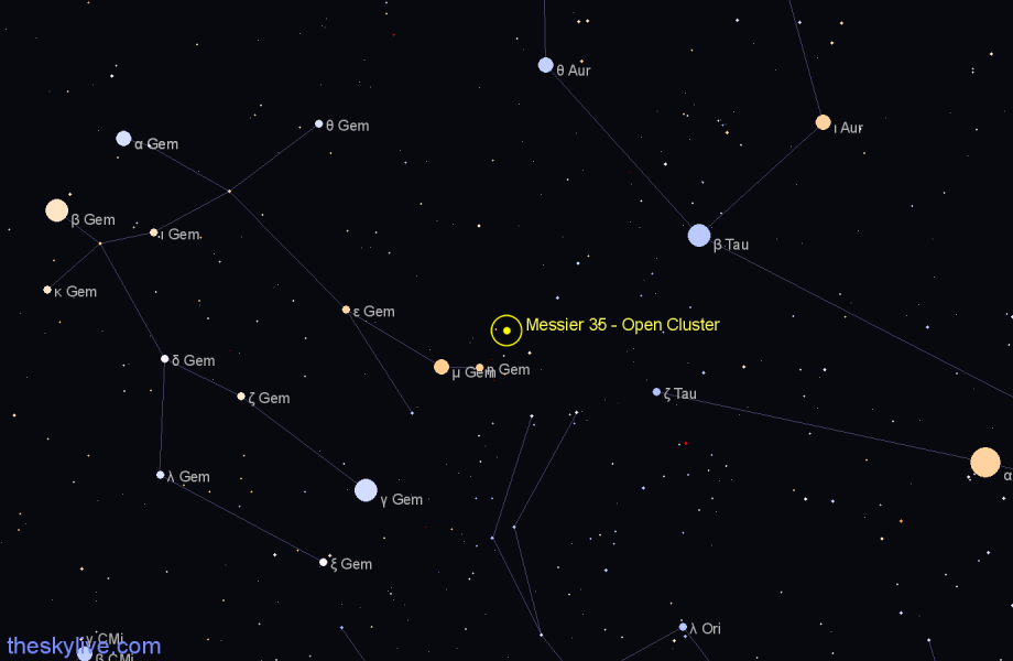 Finder chart Messier 35 - Open Cluster in Gemini star