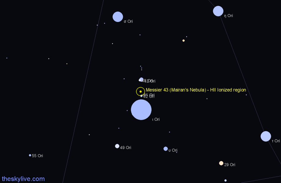 Finder chart Messier 43 (Mairan's Nebula) - HII Ionized region in Orion star