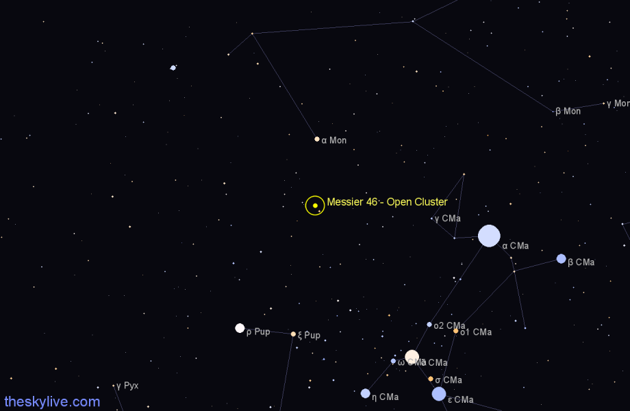 Finder chart Messier 46 - Open Cluster in Puppis star