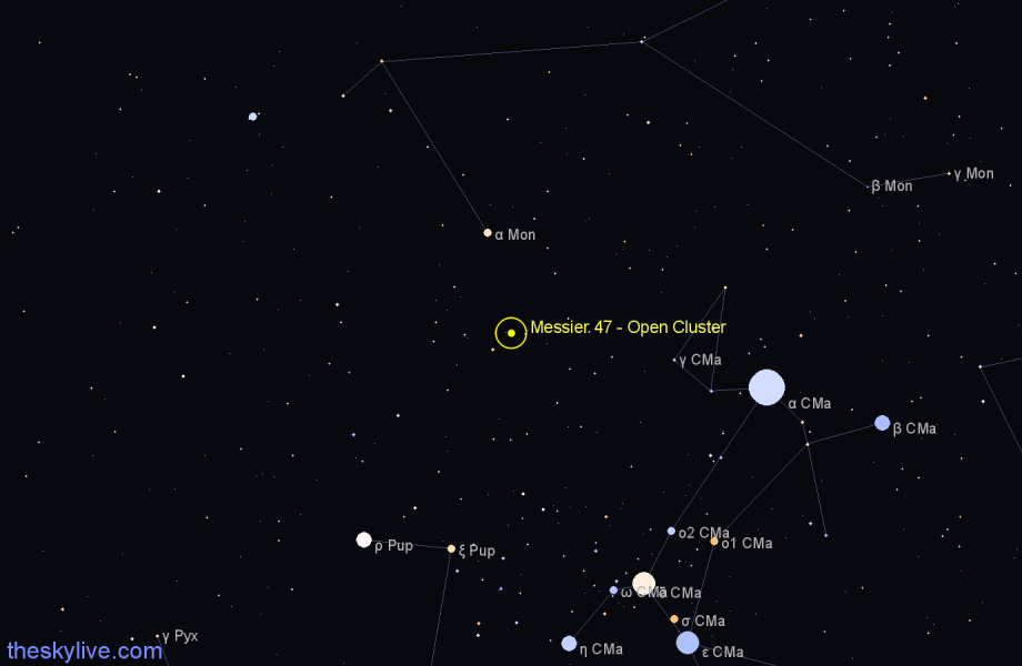 Finder chart Messier 47 - Open Cluster in Puppis star
