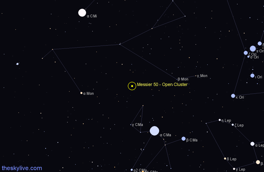 Finder chart Messier 50 - Open Cluster in Monoceros star
