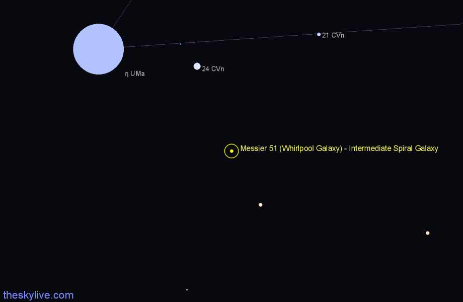 Finder chart Messier 51 (Whirlpool Galaxy) - Intermediate Spiral Galaxy in Canes Venatici star