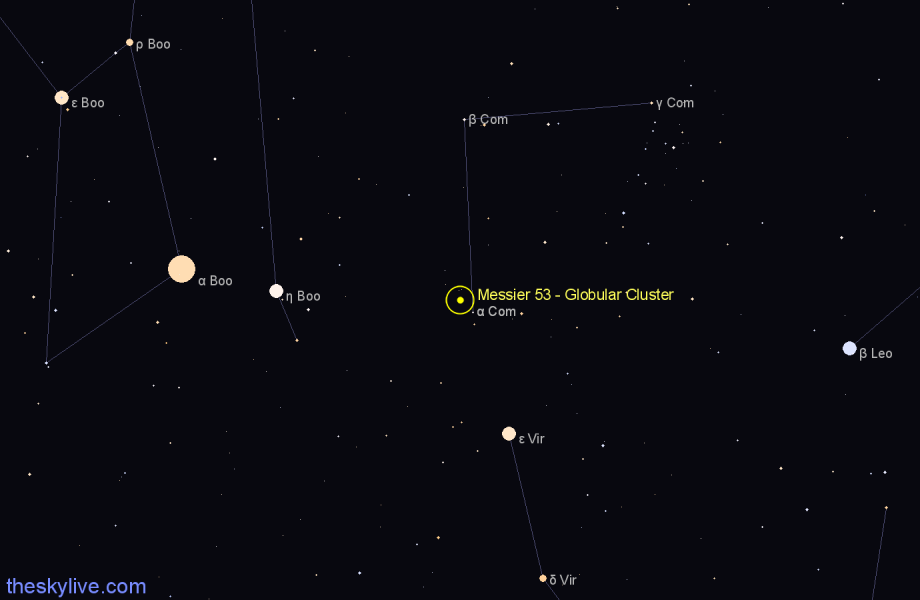 Finder chart Messier 53 - Globular Cluster in Coma Berenices star