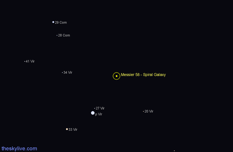 Finder chart Messier 58 - Spiral Galaxy in Virgo star