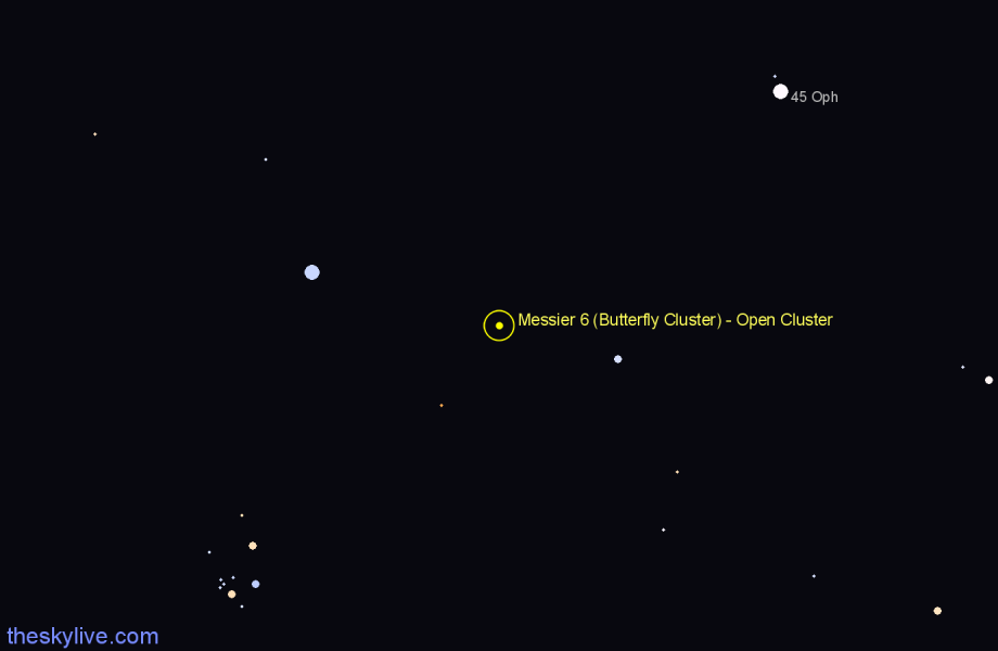 Finder chart Messier 6 (Butterfly Cluster) - Open Cluster in Scorpius star