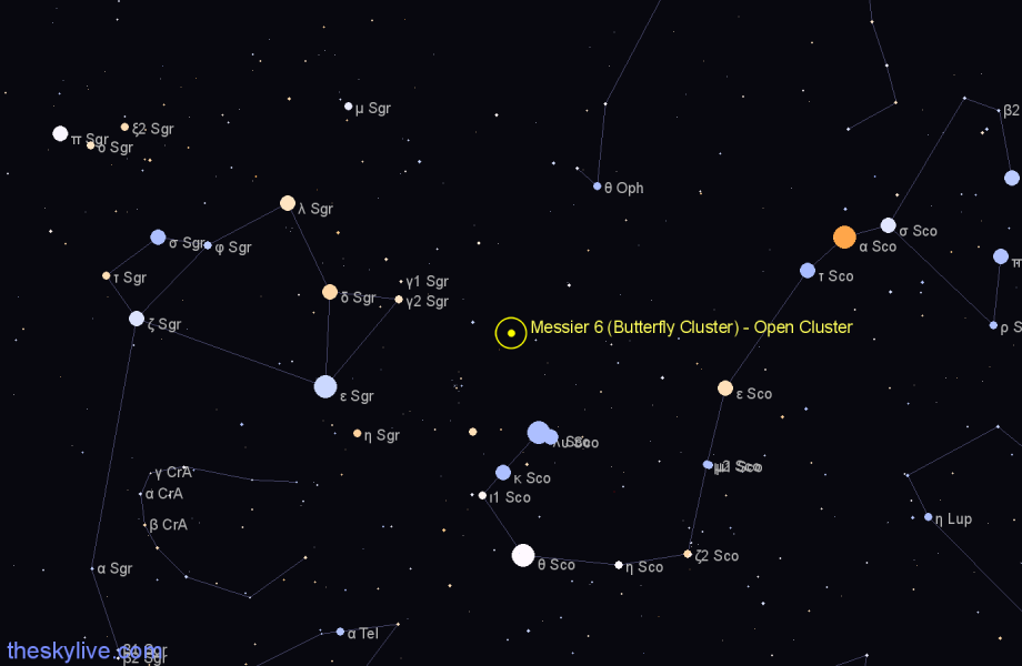 Finder chart Messier 6 (Butterfly Cluster) - Open Cluster in Scorpius star