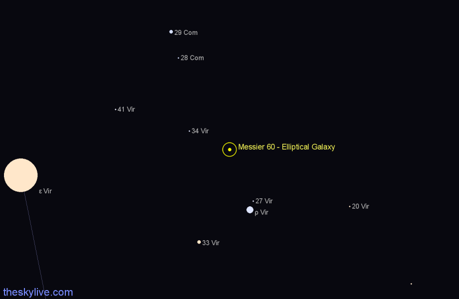 Finder chart Messier 60 - Elliptical Galaxy in Virgo star