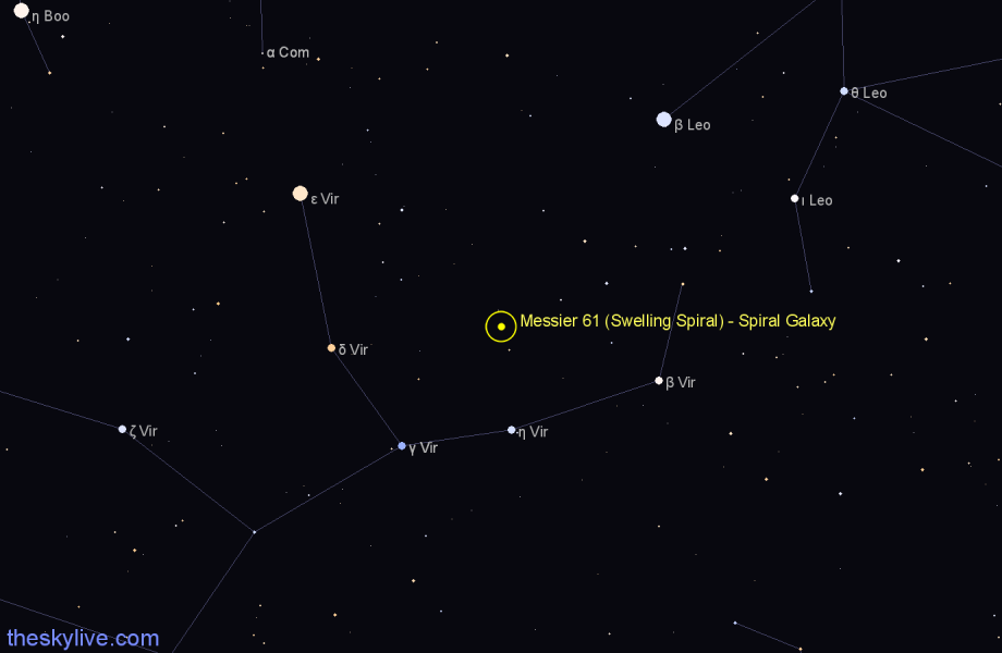 Finder chart Messier 61 (Swelling Spiral) - Spiral Galaxy in Virgo star