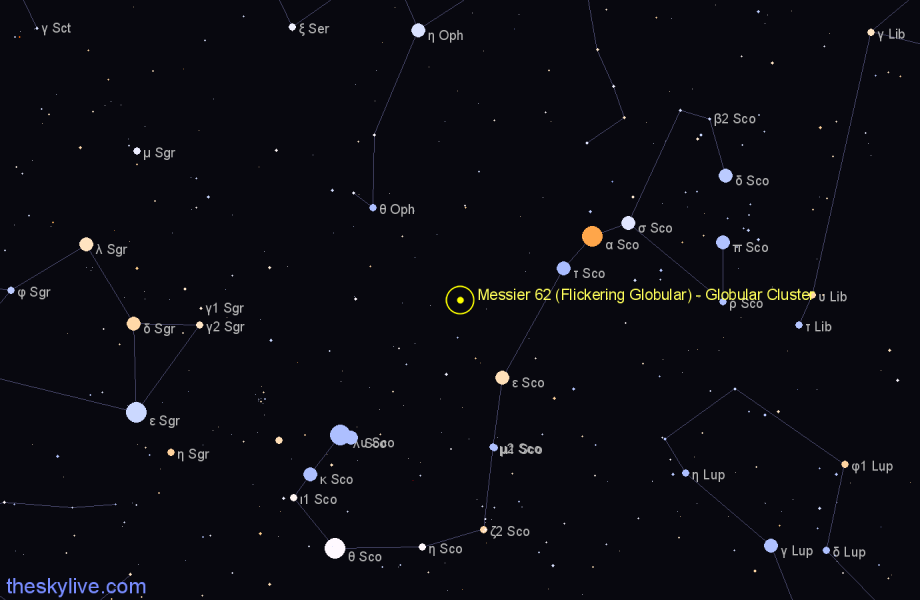 Finder chart Messier 62 (Flickering Globular) - Globular Cluster in Ophiuchus star