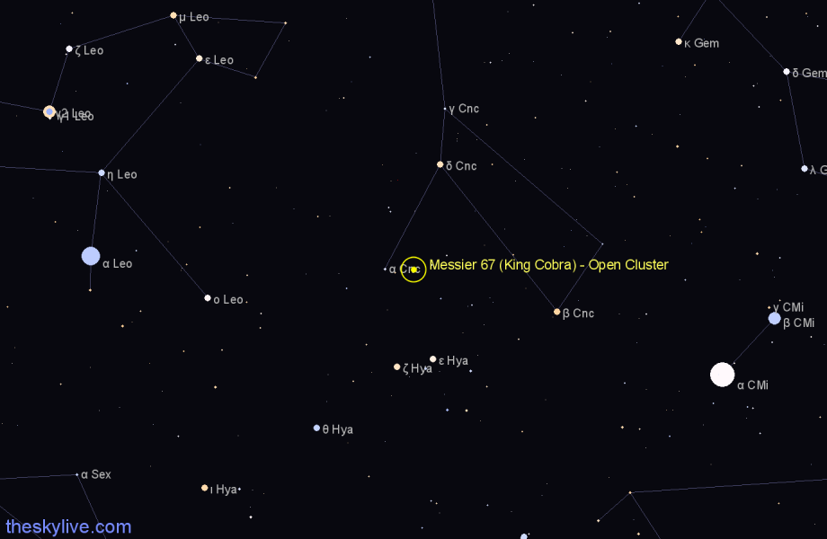 Finder chart Messier 67 (King Cobra) - Open Cluster in Cancer star