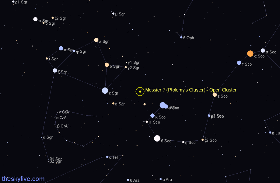 Finder chart Messier 7 (Ptolemy's Cluster) - Open Cluster in Scorpius star