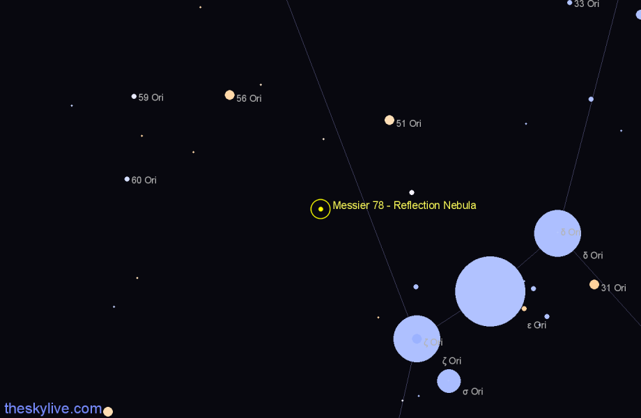 Finder chart Messier 78 - Reflection Nebula in Orion star