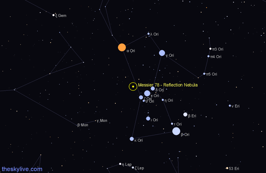 Finder chart Messier 78 - Reflection Nebula in Orion star