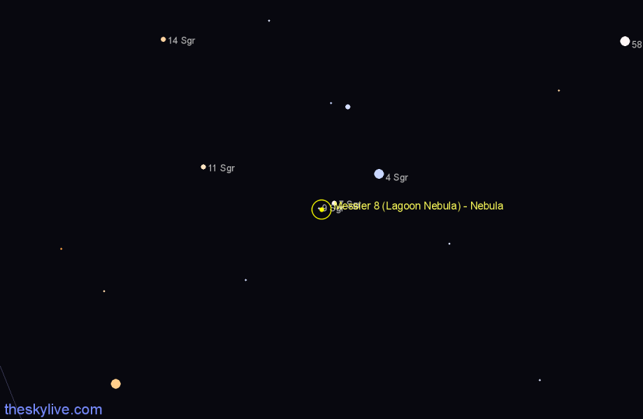 Finder chart Messier 8 (Lagoon Nebula) - Nebula in Sagittarius star