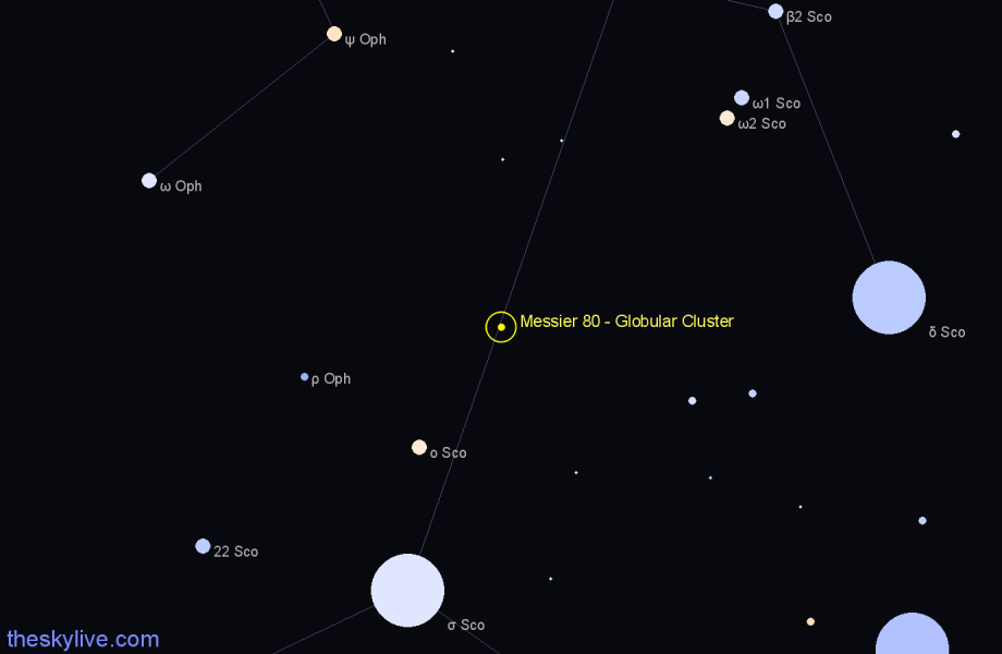 Finder chart Messier 80 - Globular Cluster in Scorpius star