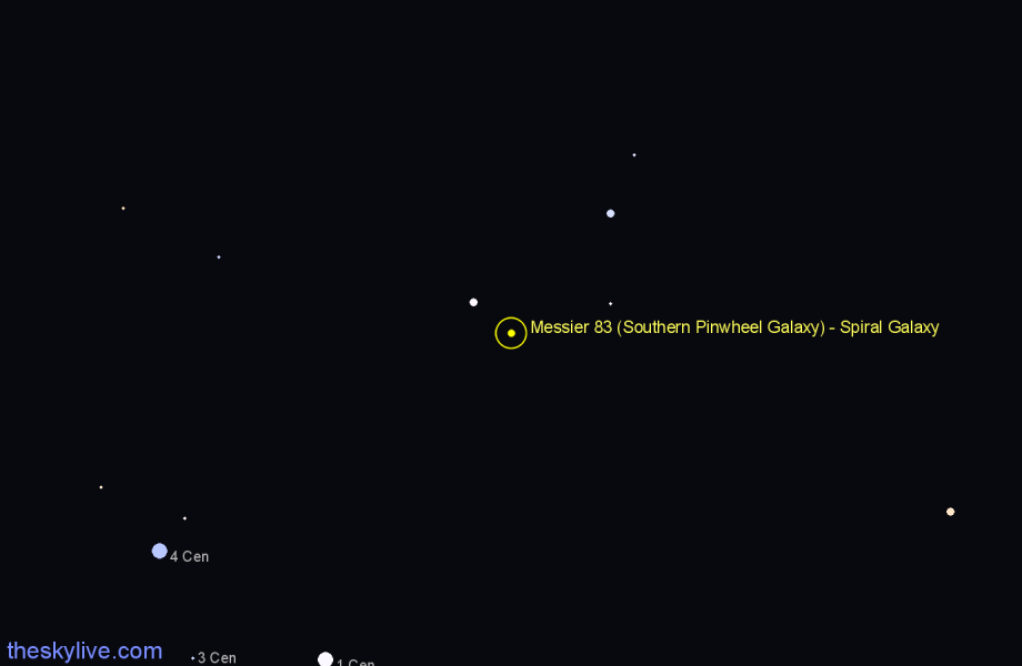 Finder chart Messier 83 (Southern Pinwheel Galaxy) - Spiral Galaxy in Hydra star