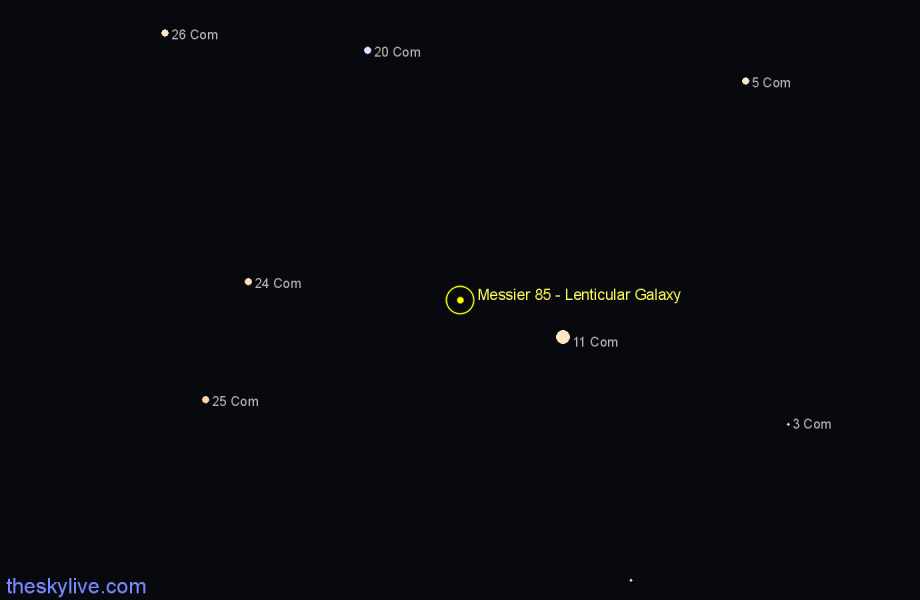 Finder chart Messier 85 - Lenticular Galaxy in Coma Berenices star